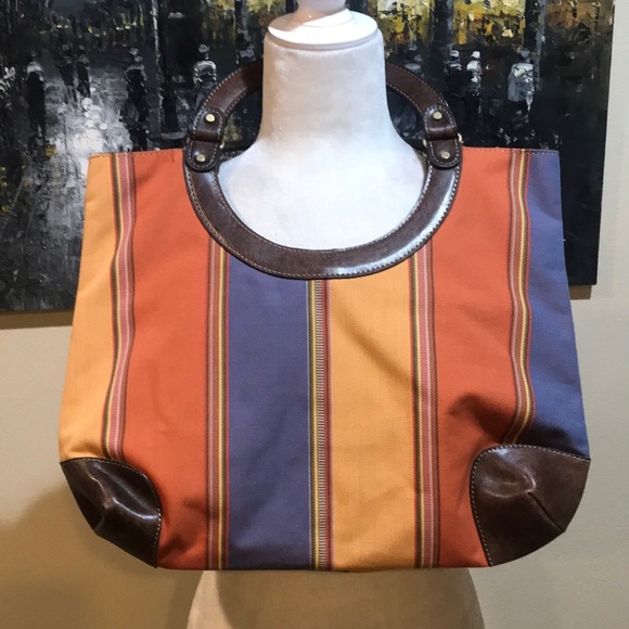 NWOT Nine West Striped Canvas Hobo Tote w/Faux Leather Trim - Picture 1 of 12